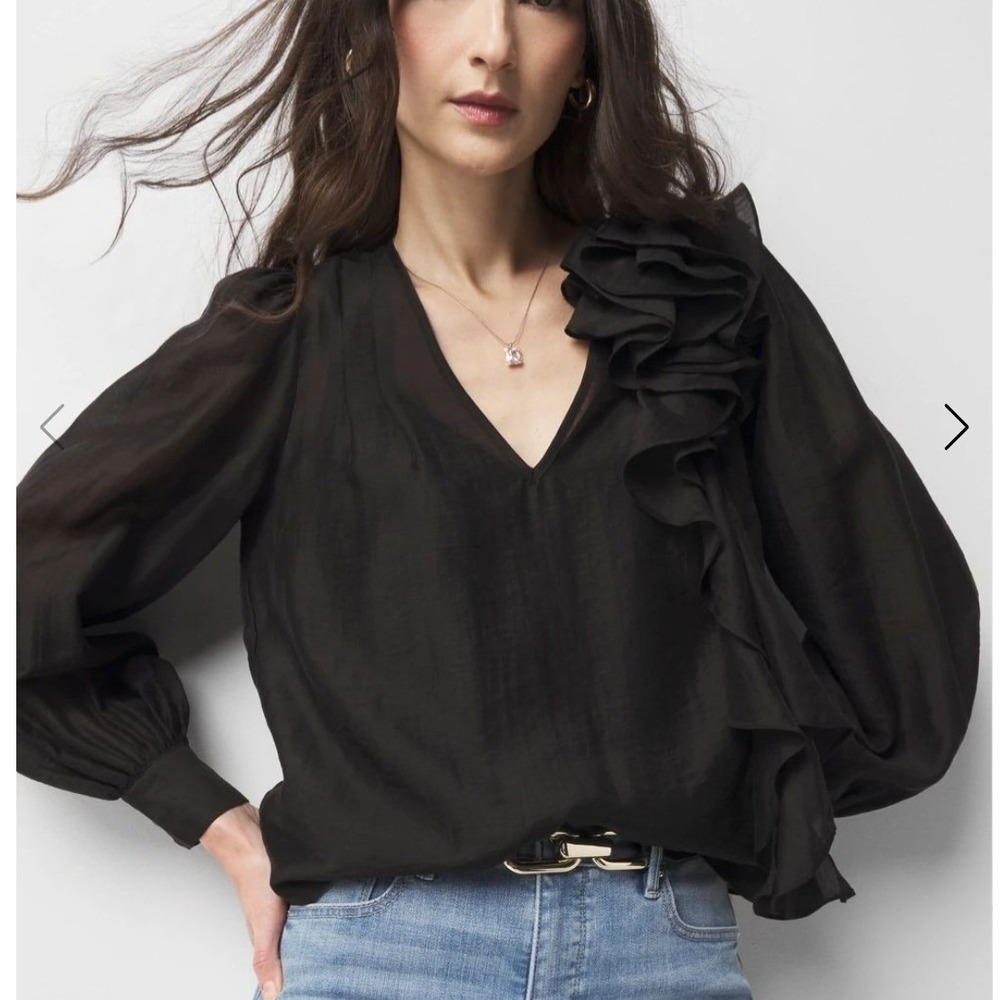 White House Black Market Black Ruffle V-Neck Blouse